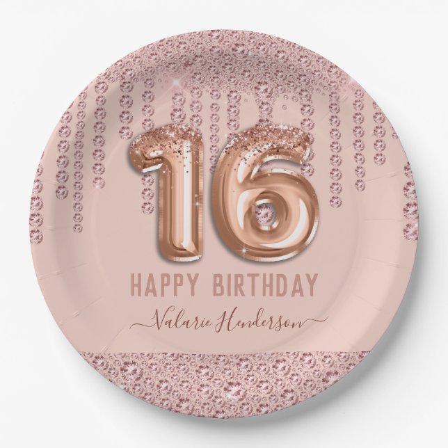 Blush Pink Diamond Tropfen Happy 16. Geburtstag Pappteller (Vorderseite)