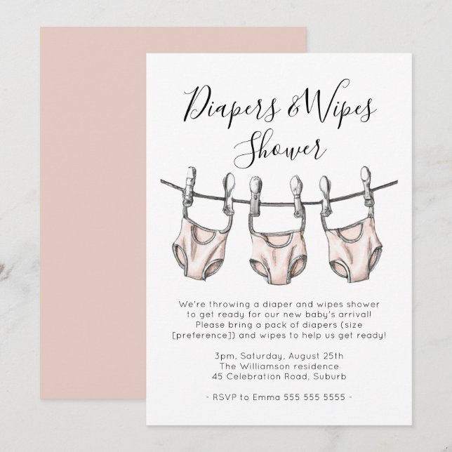 Blush Pink Diapers & Wipes Girl Babydusche Einladung (Vorne/Hinten)