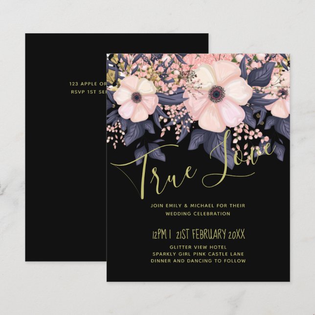 Blush Pink Dusty Blue Black Wedding Floral Budget (Vorne/Hinten)