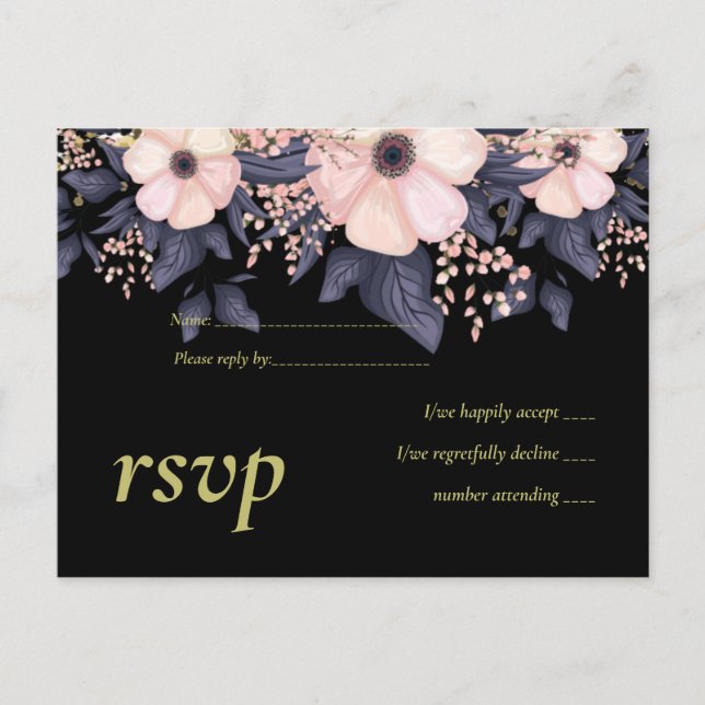 Blush Pink Dusty Blue Black Wedding Floral Budget Einladungspostkarte (Vorderseite)