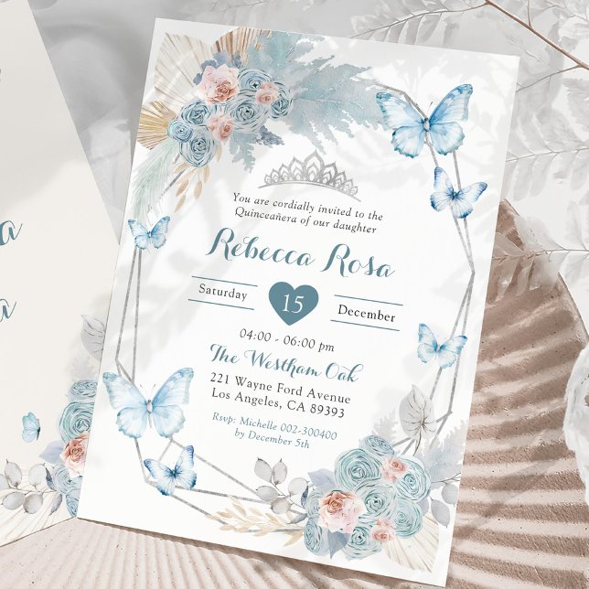 Blush Pink Dusty Blue Butterfly Royal Quinceañera Einladung (Von Creator hochgeladen)