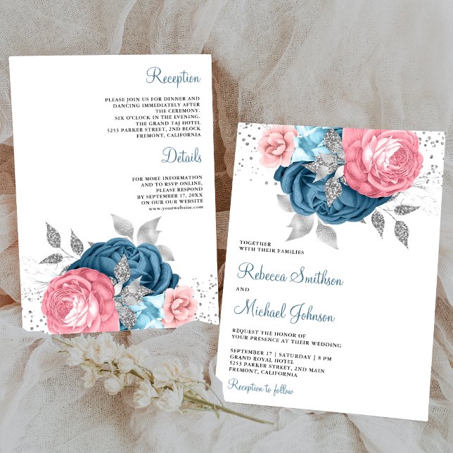 Blush Pink Dusty Blue Floral All in one Wedding Einladung (Von Creator hochgeladen)