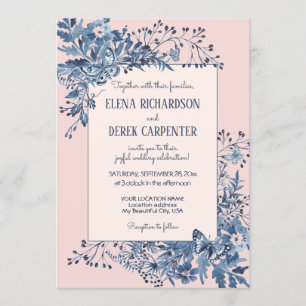 Blush Pink, Dusty Blue Floral Watercolor Wedding Einladung