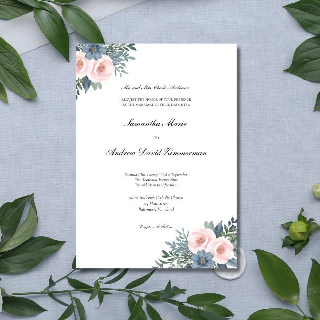 Blush Pink Dusty Blue Formal Elegante Hochzeit Einladung (Blush Pink Dusty Blue Watercolor Floral Elegant Wedding invitation, Printed or Digital Download)