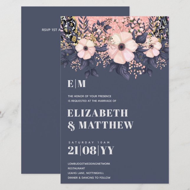 Blush Pink Dusty Blue Rosegold Floral Wedding Chic (Vorne/Hinten)