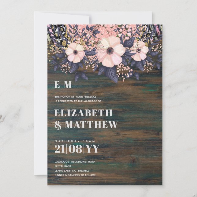 Blush Pink Dusty Blue Rosegold Floral Wedding Chic (Vorderseite)
