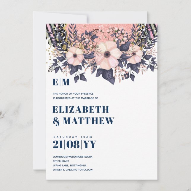 Blush Pink Dusty Blue Rosegold Floral Wedding Chic (Vorderseite)
