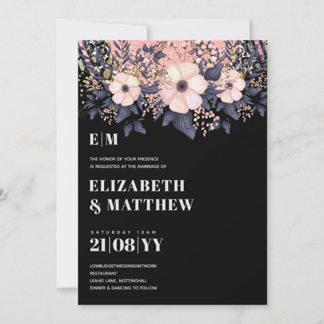 Blush Pink Dusty Blue Rosegold Floral Wedding Chic (Vorderseite)