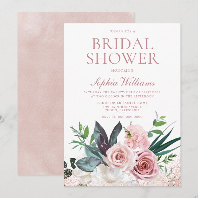 Blush Pink & Dusty Rose Brautparty Einladung (Vorne/Hinten)