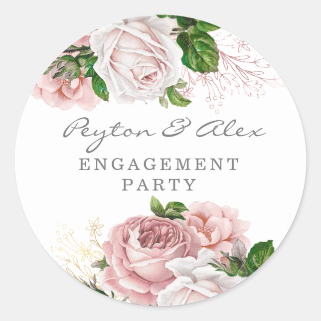 Blush Pink Dusty Rose Floral Engagement Party Runder Aufkleber (Vorderseite)