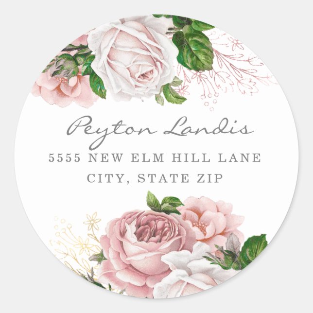 Blush Pink Dusty Rose Floral Weiße Rücksendeadress Runder Aufkleber (Vorderseite)