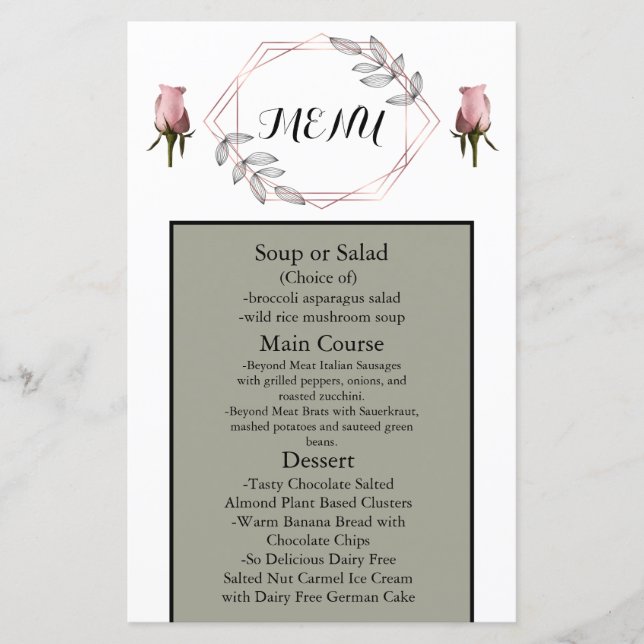 Blush Pink Dusty Sage Wedding Menu mit Rose (Vorderseite)