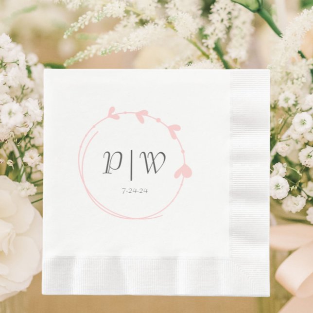 Blush Pink Einfaches Herz-Kranz-Monogramm Hochzeit Serviette (In Situ Wedding)