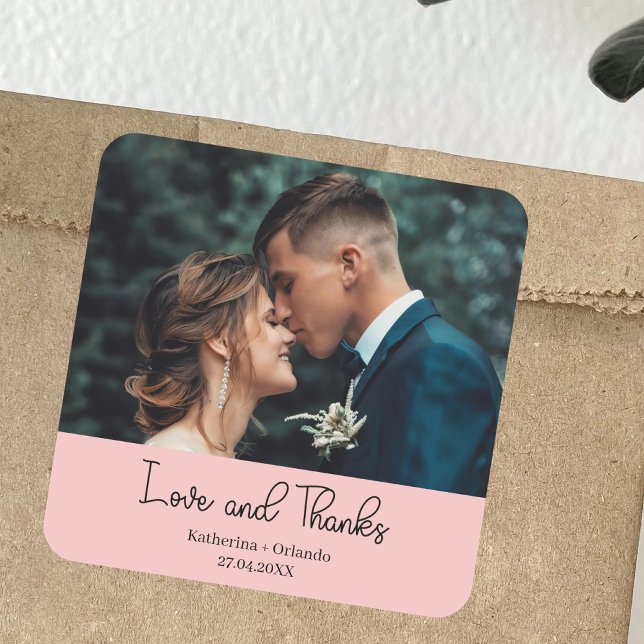 Blush Pink Elegant Wedding Love & Thanks Photo Quadratischer Aufkleber (Von Creator hochgeladen)