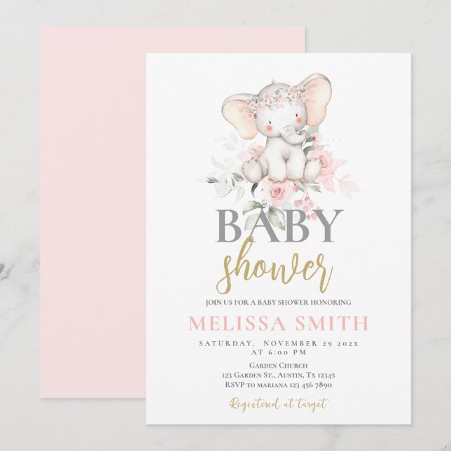 Blush Pink Elephant Baby Dusche Mädchen Einladung (Vorne/Hinten)