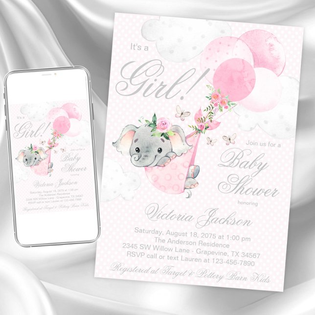 Blush Pink Elephant Balloons Butterfly Babydusche Einladung (Girl elephant baby shower invitation. Instant download and printed invitations available.)