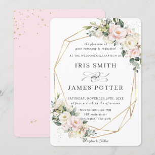 Blush Pink Elfenbeinblume Hochzeit Gold Geometrie Einladung