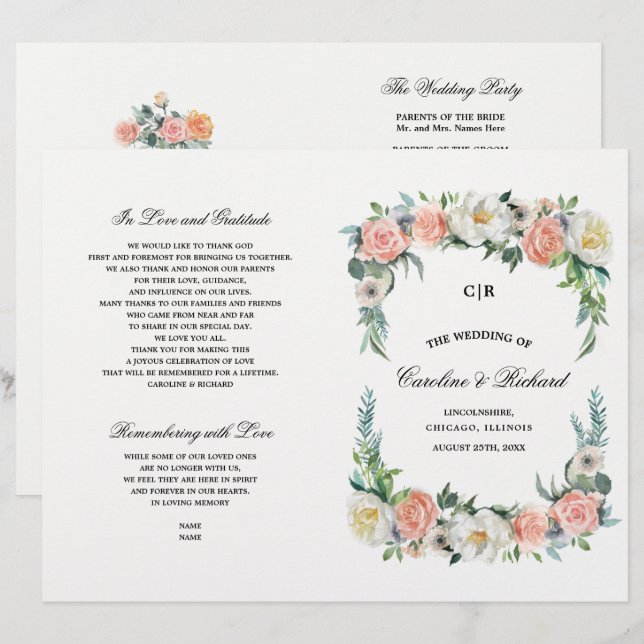 Blush Pink Elfenbeinblume Hochzeitsprigramm (Vorne/Hinten)