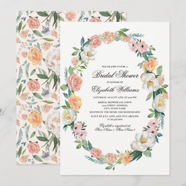 Blush Pink Elfenbeinflora Brautparty Einladung (Vorne/Hinten)