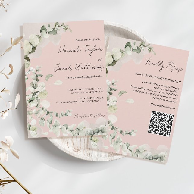 Blush PInk Eucalyptus QR Code Wedding Einladung (qr code wedding invitation with rsvp blush pink)