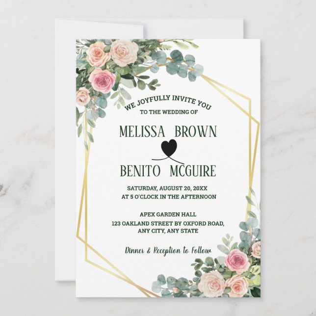 Blush Pink Eukalyptus Floral Geometric Wedding Einladung (Vorderseite)