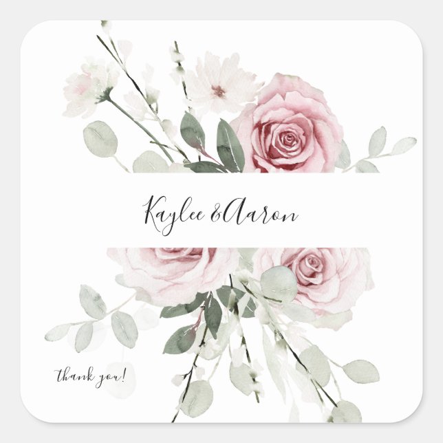 Blush PInk & Eukalyptus Floral Vielen Dank Quadratischer Aufkleber (Vorderseite)