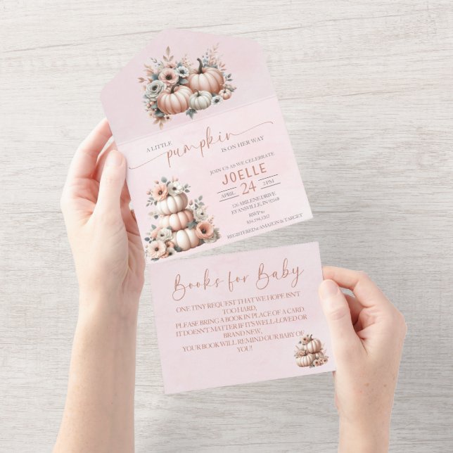 Blush Pink Fall Pumpkin All in One Baby Dusche Einladung (Abreißen)
