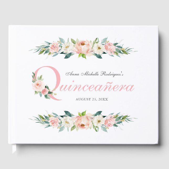 Blush Pink Feminoral Quinceanera Gästebuch (Vorderseite)
