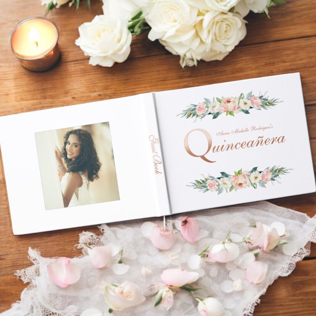 Blush Pink Feminoral Quinceñera Gästebuch (Real gold foil text in rose gold!)