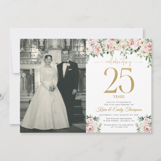Blush Pink Floral 25 Jahre Einladung (Vorderseite)