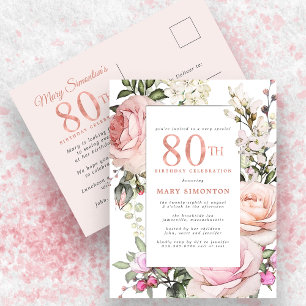 Blush Pink Floral 80. Geburtstagsparty Einladungspostkarte