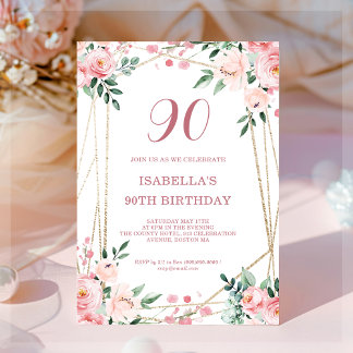 Blush Pink Floral 90. Geburtstag Einladung