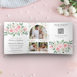 Blush Pink Floral All in One QR Code Wedding Dreifach Gefaltete Einladung