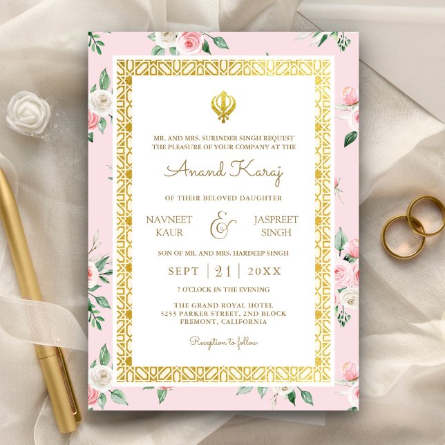 Blush Pink Floral Anand Karaj Punjabi Sikh Wedding Einladung (Von Creator hochgeladen)