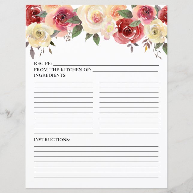 Blush Pink Floral Aquarell Dusche Rezeptseite (Vorderseite)