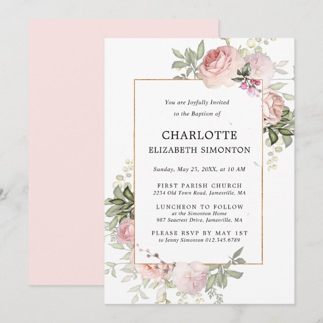 Blush Pink Floral Aquarell Taufe Einladung (Vorne/Hinten)