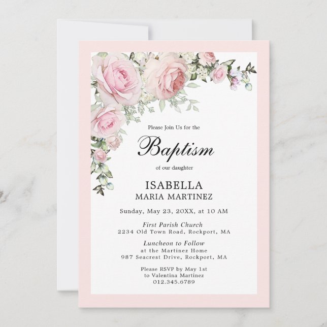 Blush Pink Floral Aquarell Taufe Einladung (Vorderseite)