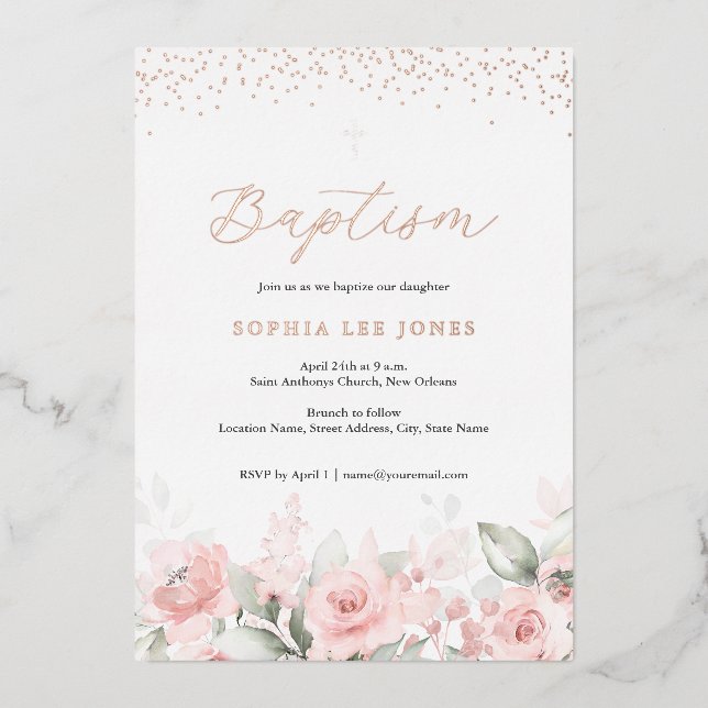 Blush Pink Floral Aquarell Taufe Folieneinladung (Vorderseite)