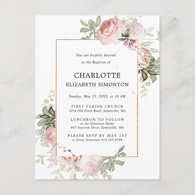 Blush Pink Floral Aquarell Taufe Postkarte (Vorderseite)