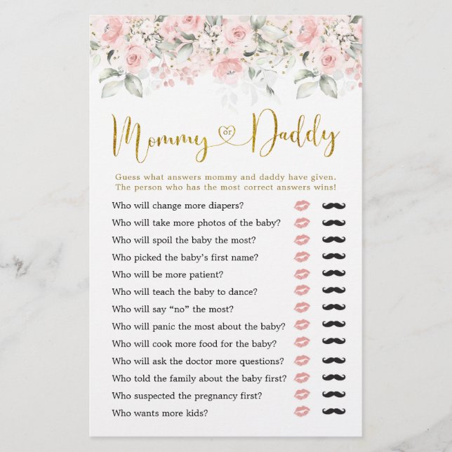 Blush Pink Floral Baby Dusche Mommy oder Daddy (Vorderseite)
