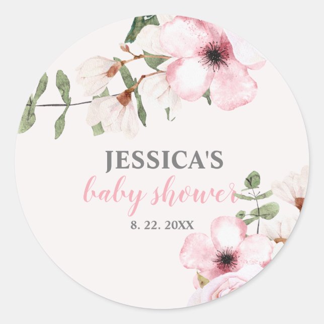 Blush Pink Floral Baby Dusche Runder Aufkleber (Vorderseite)