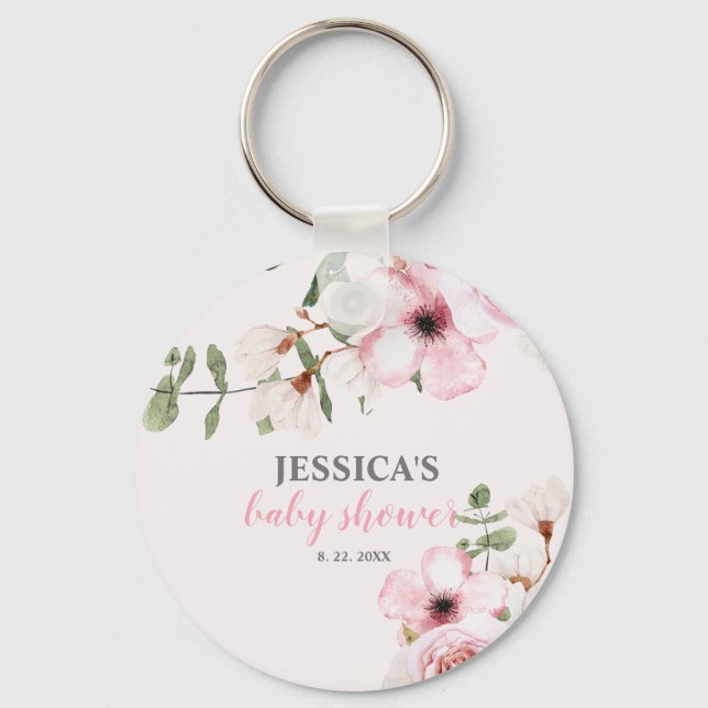 Blush Pink Floral Baby Dusche Schlüsselanhänger (Vorderseite)