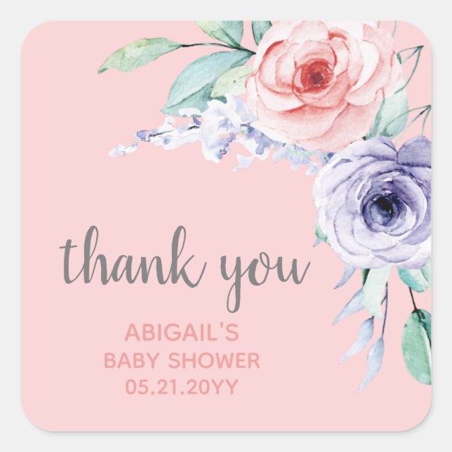 Blush Pink Floral Baby Dusche Vielen Dank für Ihre Quadratischer Aufkleber (Vorderseite)
