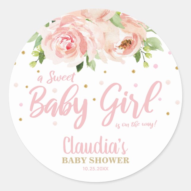 Blush Pink Floral Baby Duschmädchen Vielen Dank Runder Aufkleber (Vorderseite)
