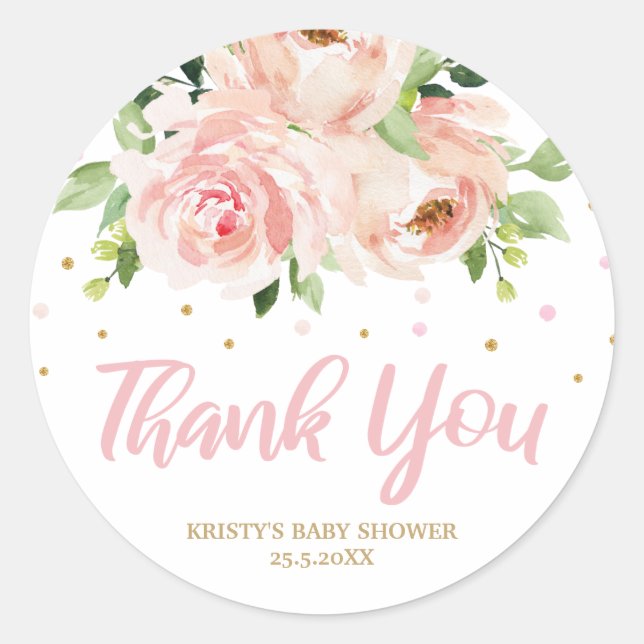 Blush Pink Floral Baby Duschmädchen Vielen Dank Runder Aufkleber (Vorderseite)