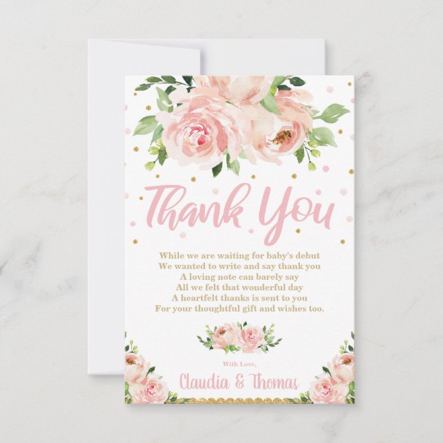 Blush Pink Floral Baby Girl Dusche Bridal Wedding Dankeskarte (Vorderseite)
