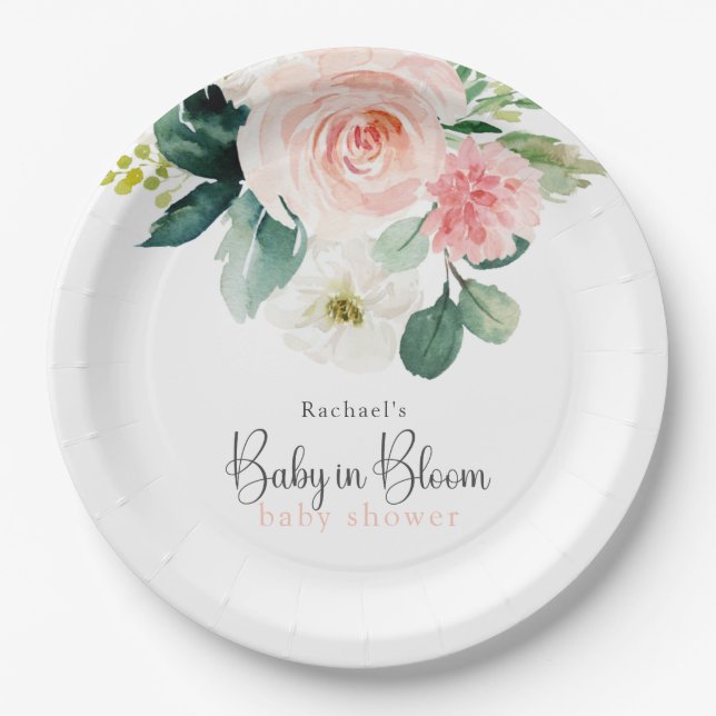 Blush Pink Floral Baby in Bloom Baby Dusche Pappteller (Vorderseite)
