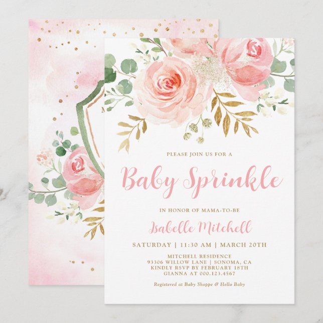 Blush Pink Floral Baby Sprinkle Einladung (Vorne/Hinten)