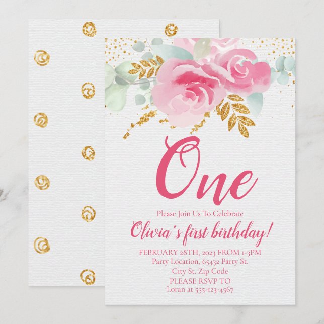 Blush Pink Floral Baby's First Birthday Einladung (Vorne/Hinten)