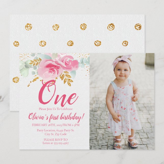 Blush Pink Floral Baby's First Birthday Foto Einladung (Vorne/Hinten)